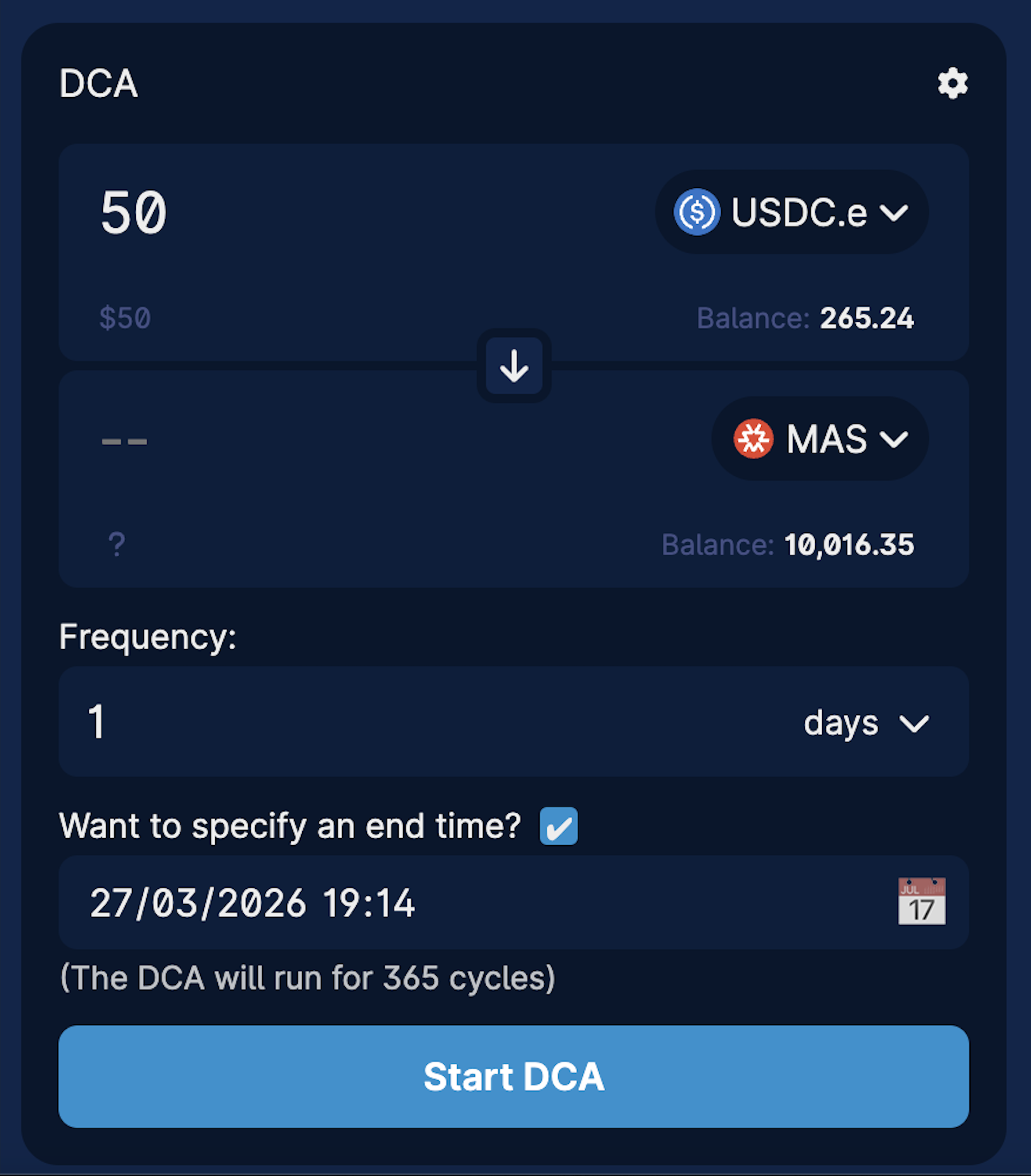 DCA setting endtime